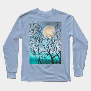 Winter moon landscape painting with trees Long Sleeve T-Shirt